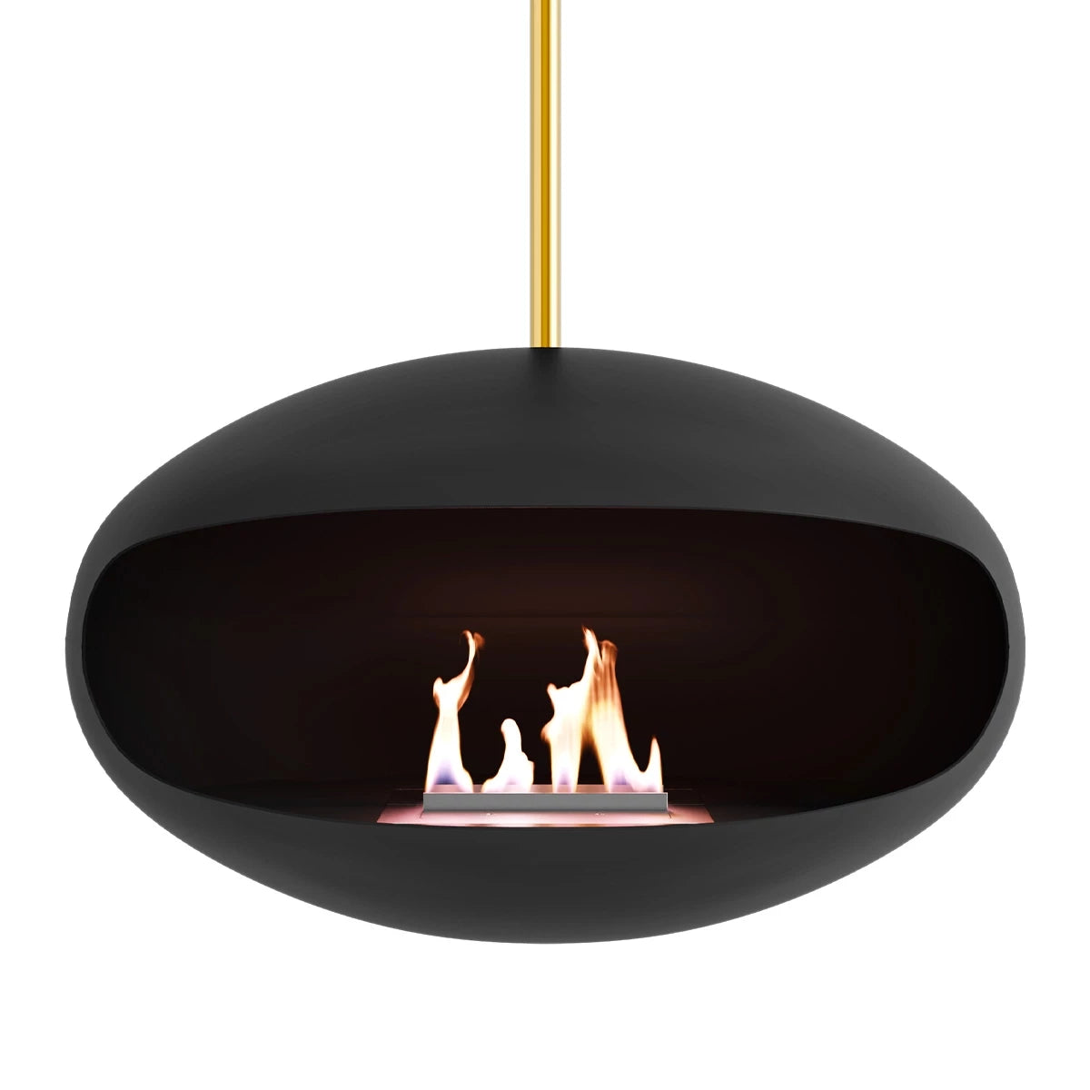 Cocoon Aeris Black ceiling-hung bioethanol fireplace with brass mounting and flames, stylish and modern design.