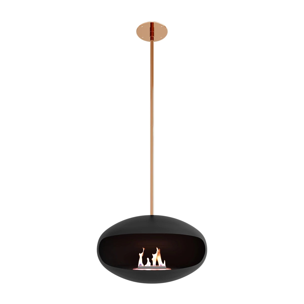 Cocoon Aeris Black bioethanol fireplace with copper mounting system, ceiling-hung design showcasing vibrant flames.