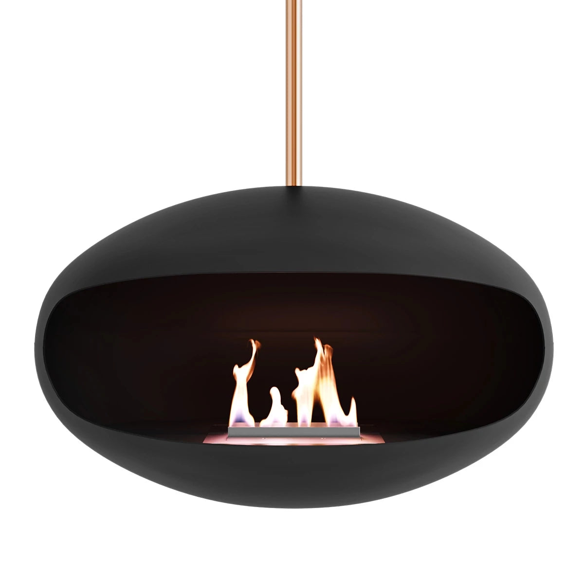 Cocoon Aeris Black ceiling-hung bioethanol fireplace with copper mount, featuring a stylish matte finish and flames.