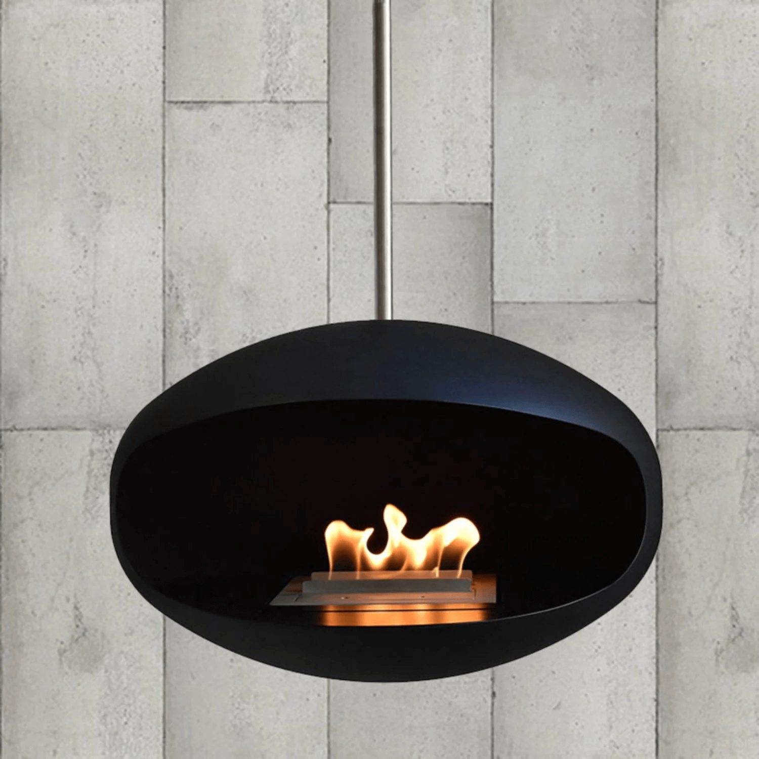 Cocoon Aeris black bioethanol fireplace with steel mounting pole, offering modern eco-friendly heating.