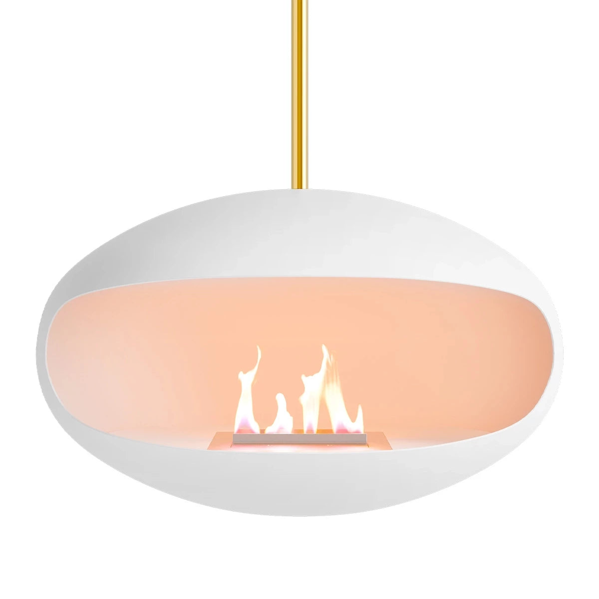 Cocoon Aeris White ceiling-hung bioethanol fireplace with brass mounting, offering a stylish, easy installation.