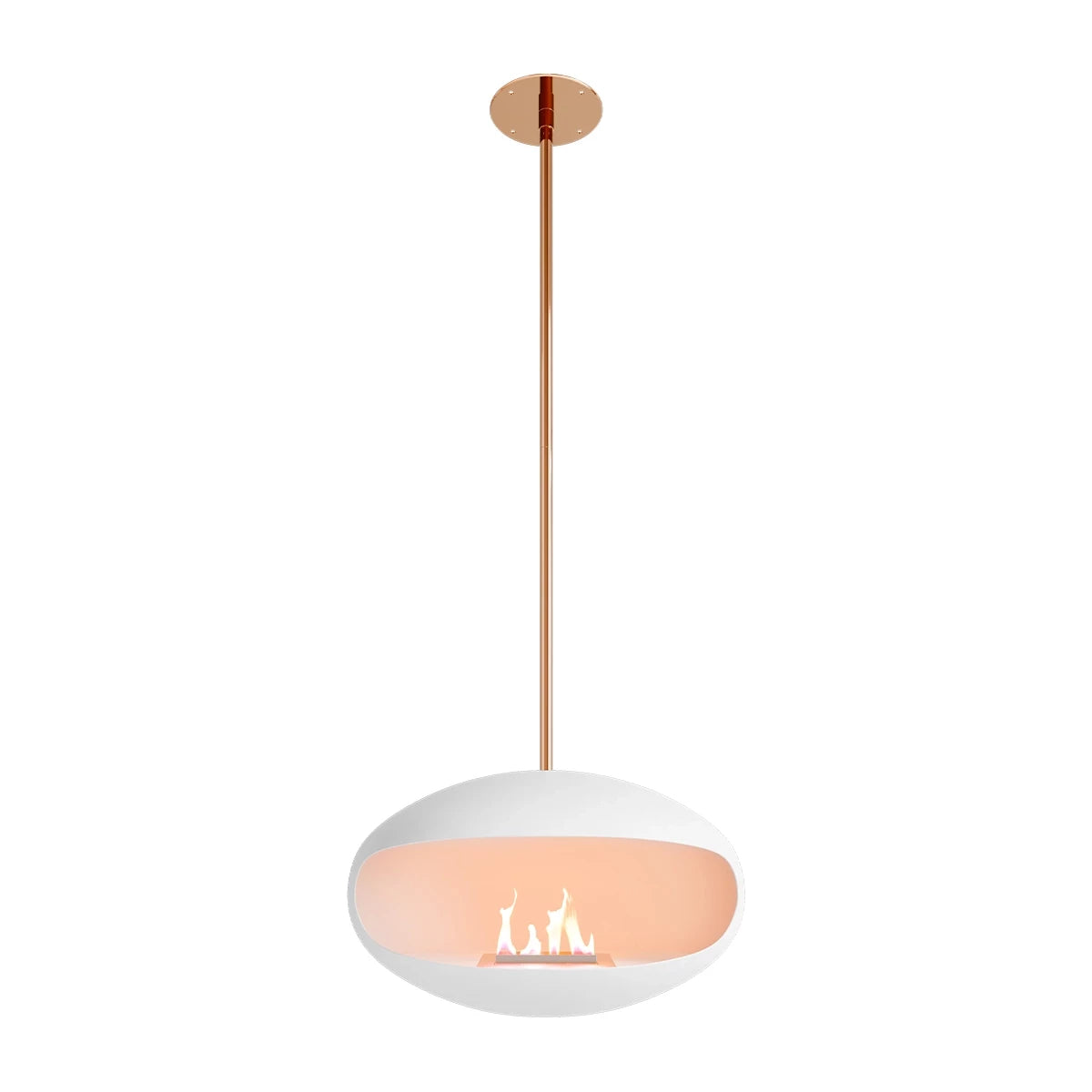 Cocoon Aeris White ceiling-hung bioethanol fireplace with copper mounting, modern design for easy installation.