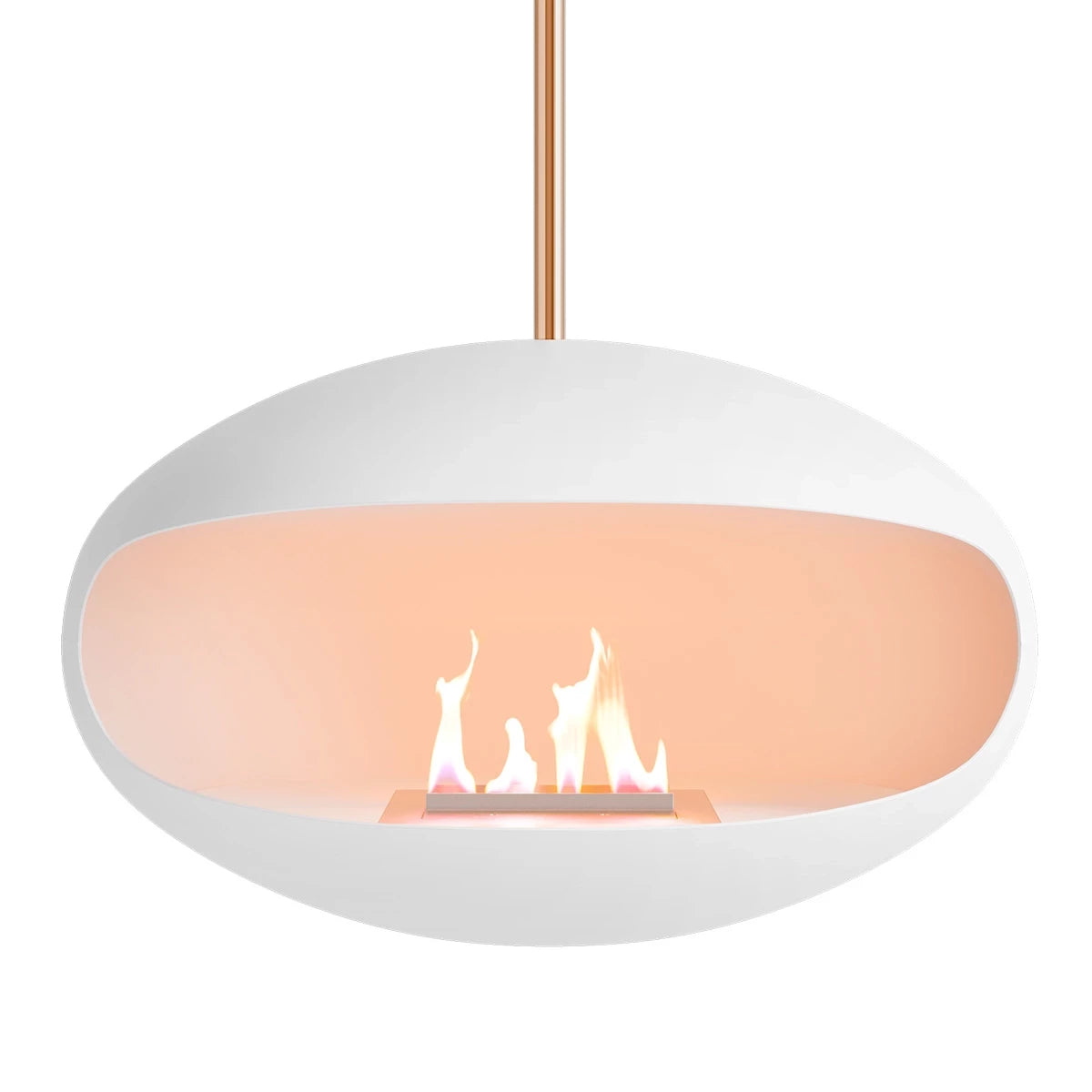 Cocoon Aeris White ceiling-hung bioethanol fireplace with copper mounting system and manual burner.