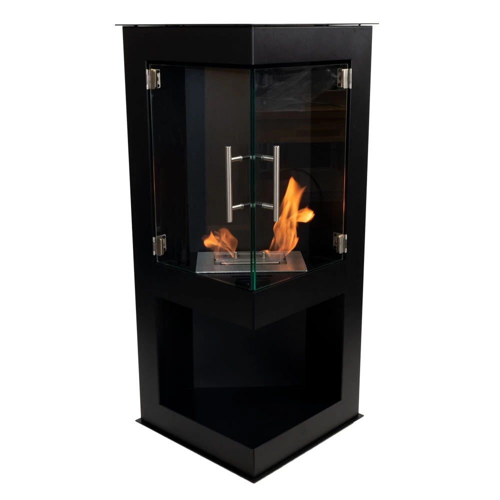 Alaska Corner Bioethanol Stove Fireplace in black glass with flames visible, ideal for corner placement.