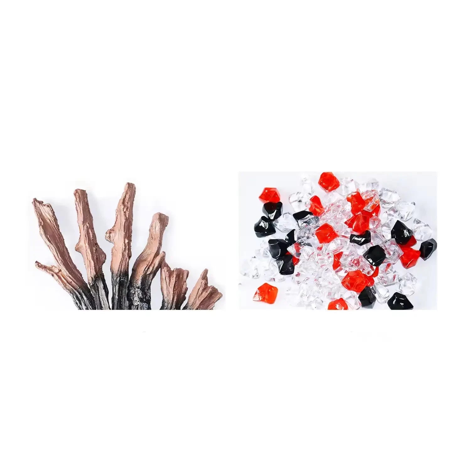 Decorative log set and colorful glass crystals for electric fireplace enhancement.