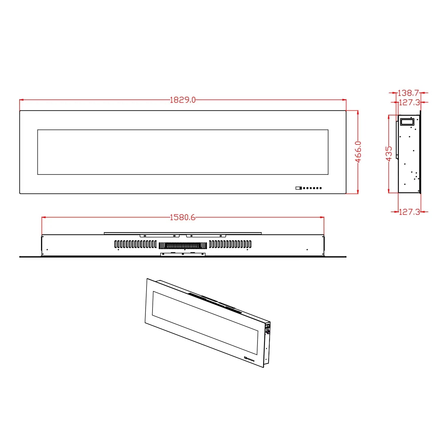 Technical drawing of ScandiFlames Azurite 182 cm wall-mounted electric fireplace with dimensions.