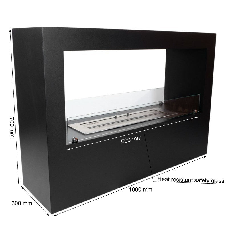 Lansing Tunnel Bioethanol Fireplace in black with dimensions and heat resistant safety glass design.
