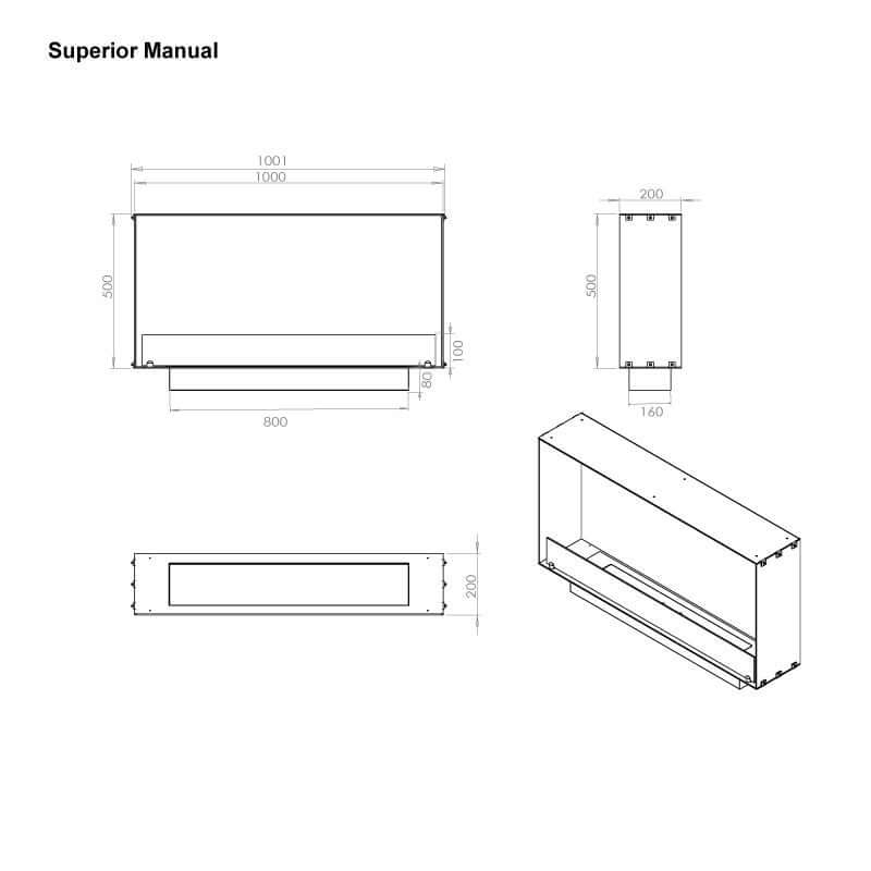 Technical drawing of the Fireplace Foco One 1000 Slim dimensions and design for bioethanol fireplace installation.