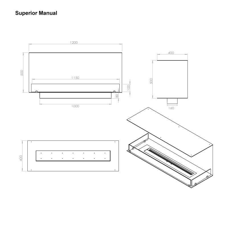 Line drawing dimensions of the Fireplace Foco Three 1200 bioethanol fireplace insert for built-in installations.