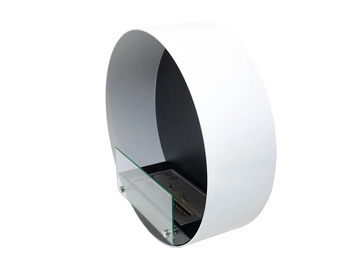 Delaware White round wall mounted bioethanol fireplace with glass shelf and black interior.