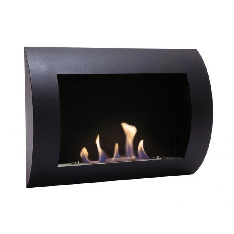 Ocean black bio wall fireplace with curved design showcasing vibrant flames in a modern setting.