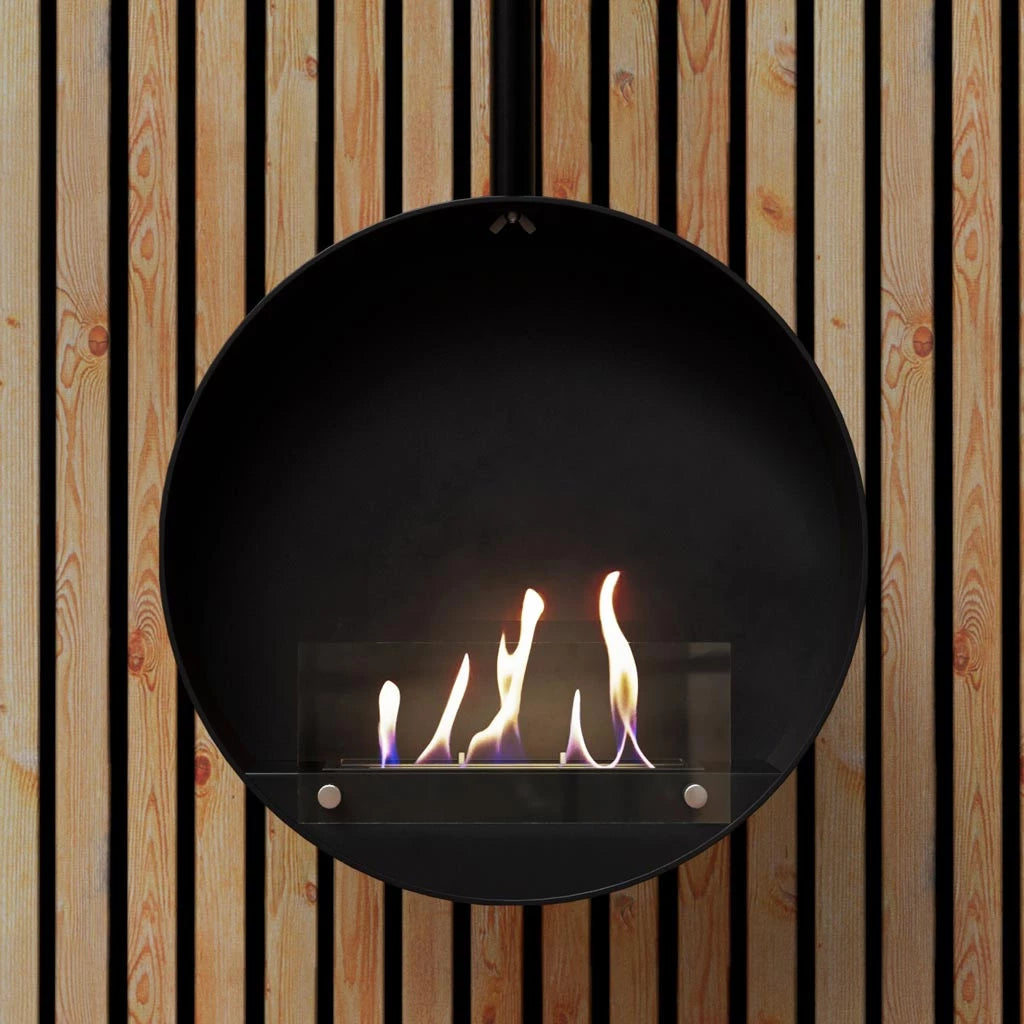 Ottawa Black suspended bioethanol fireplace with a glass burner, set against wooden slats.