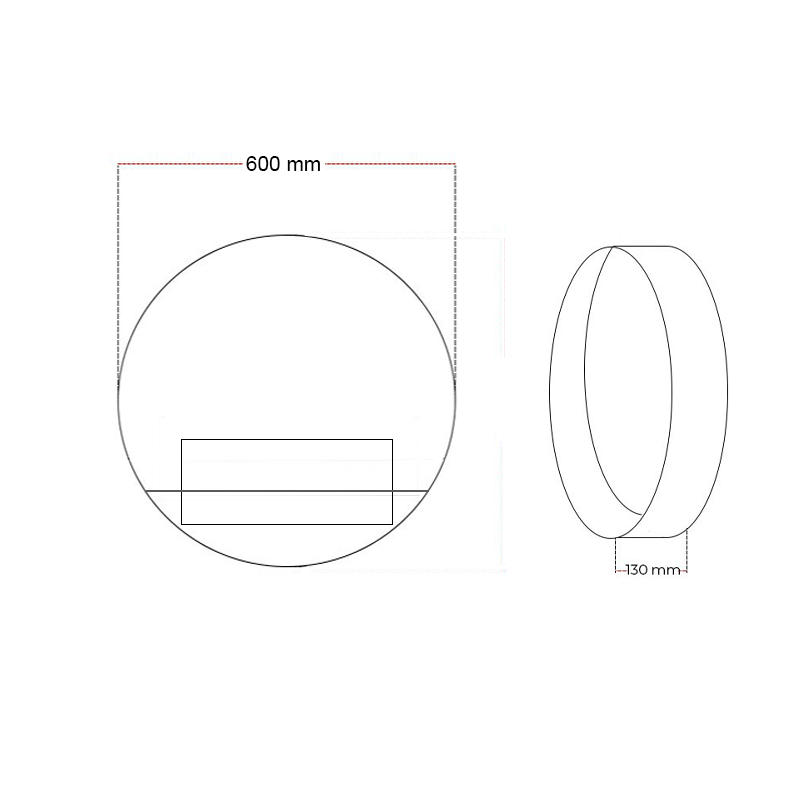 Technical drawing of Delaware White round wall-mounted bioethanol fireplace, showing dimensions 600mm and 130mm.