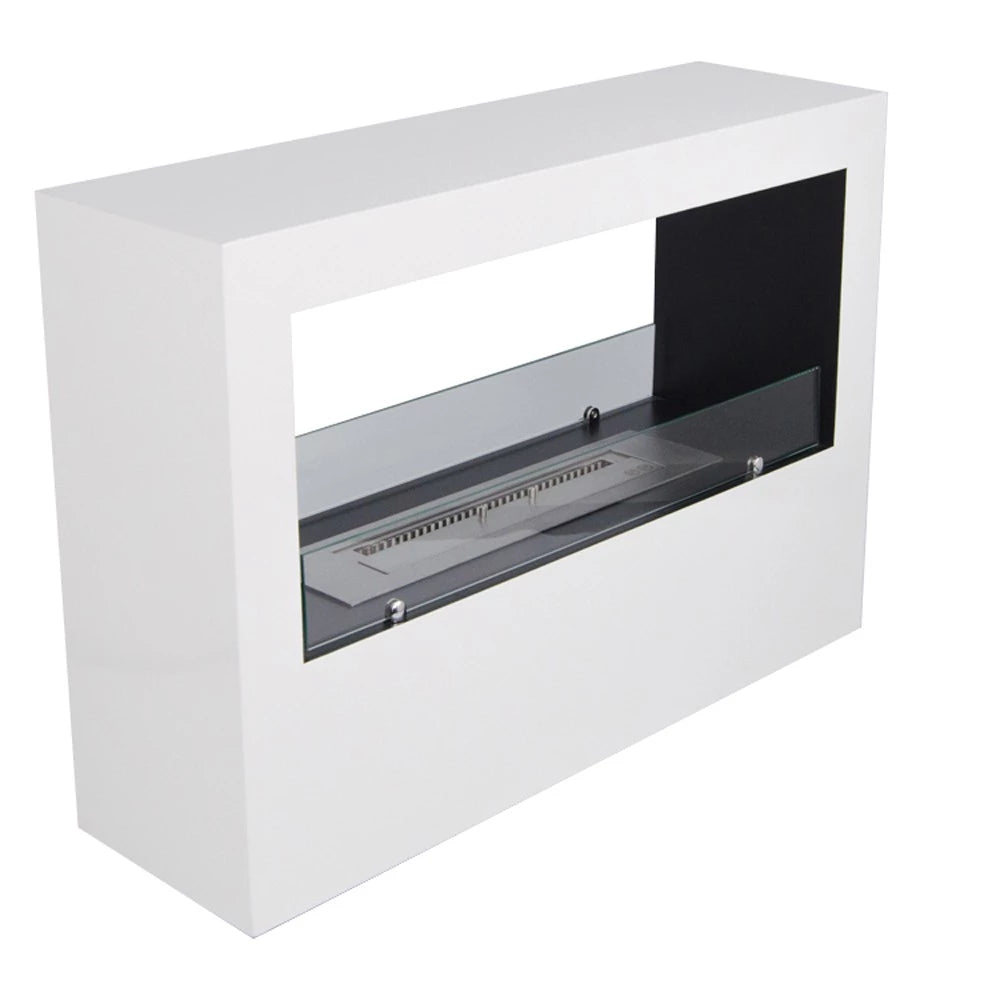 Lansing freestanding bioethanol fireplace in white, featuring a viewing window from two sides, ideal for room separation.