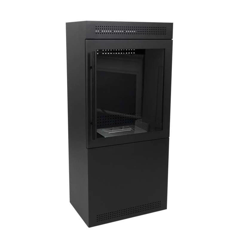 Jackson square bioethanol fireplace with steel and glass design, freestanding and stylish.