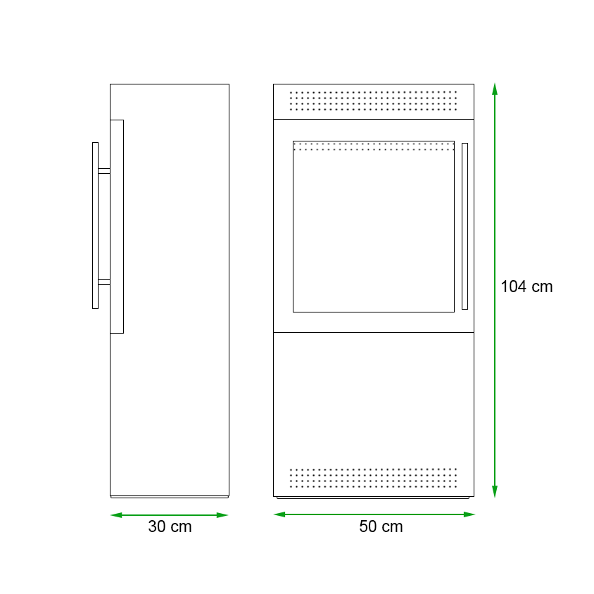 Dimensions of the Jackson Bioethanol Stove, showing height of 104 cm, width of 50 cm, and depth of 30 cm.