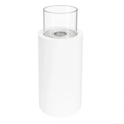 Dualis White bioethanol fireplace with glass and safety features, ideal for indoor and outdoor use.