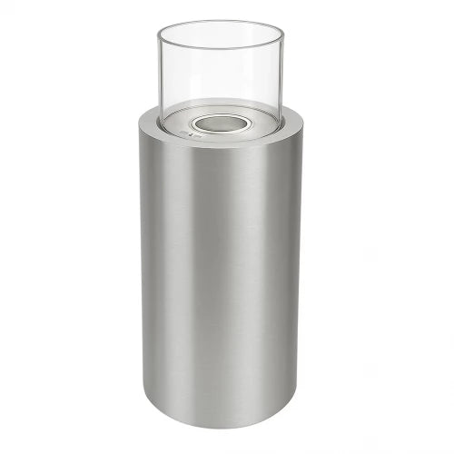 Dualis brushed steel bioethanol fireplace with safety glass, perfect for indoor or outdoor use.