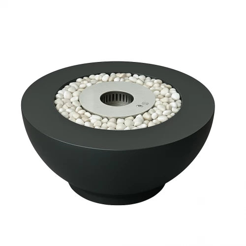 Circula Bioethanol Fire Pit by ScandiFlames with white pebbles, perfect for outdoor and indoor use.