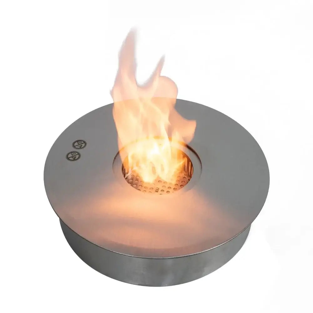 Large round outdoor bioethanol burner with flame, 9 liters capacity, ScandiFlames, ideal for outdoor and indoor use.