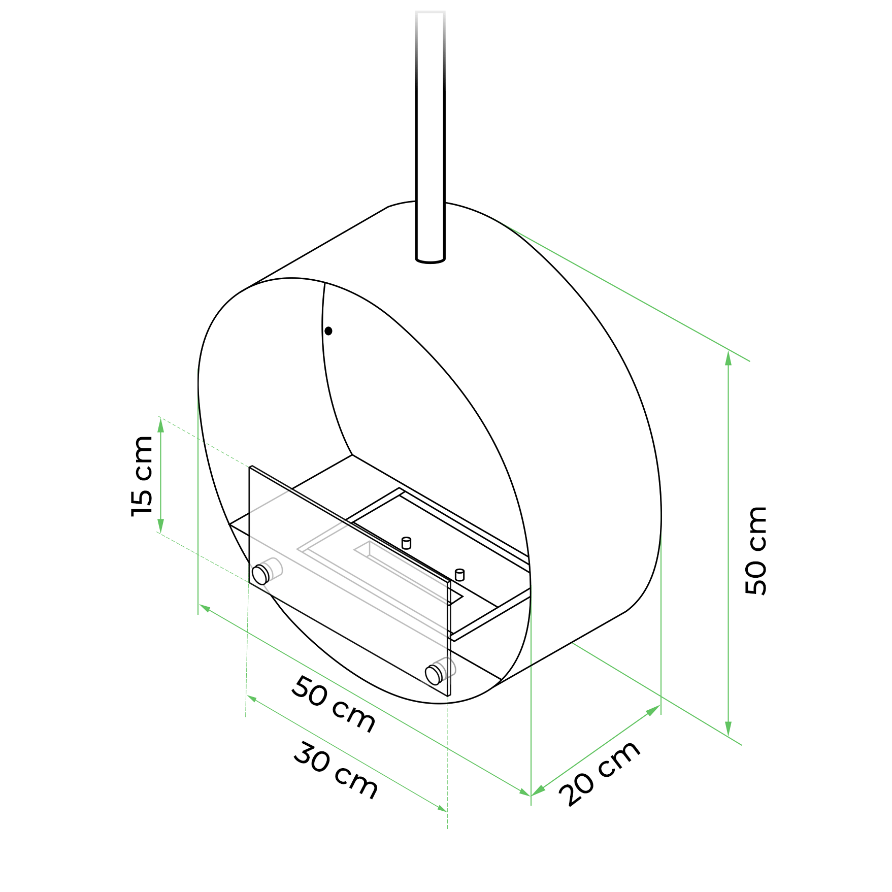 Ottawa Steel hanging bioethanol fireplace diagram with dimensions of 50 cm, 30 cm, and 20 cm.