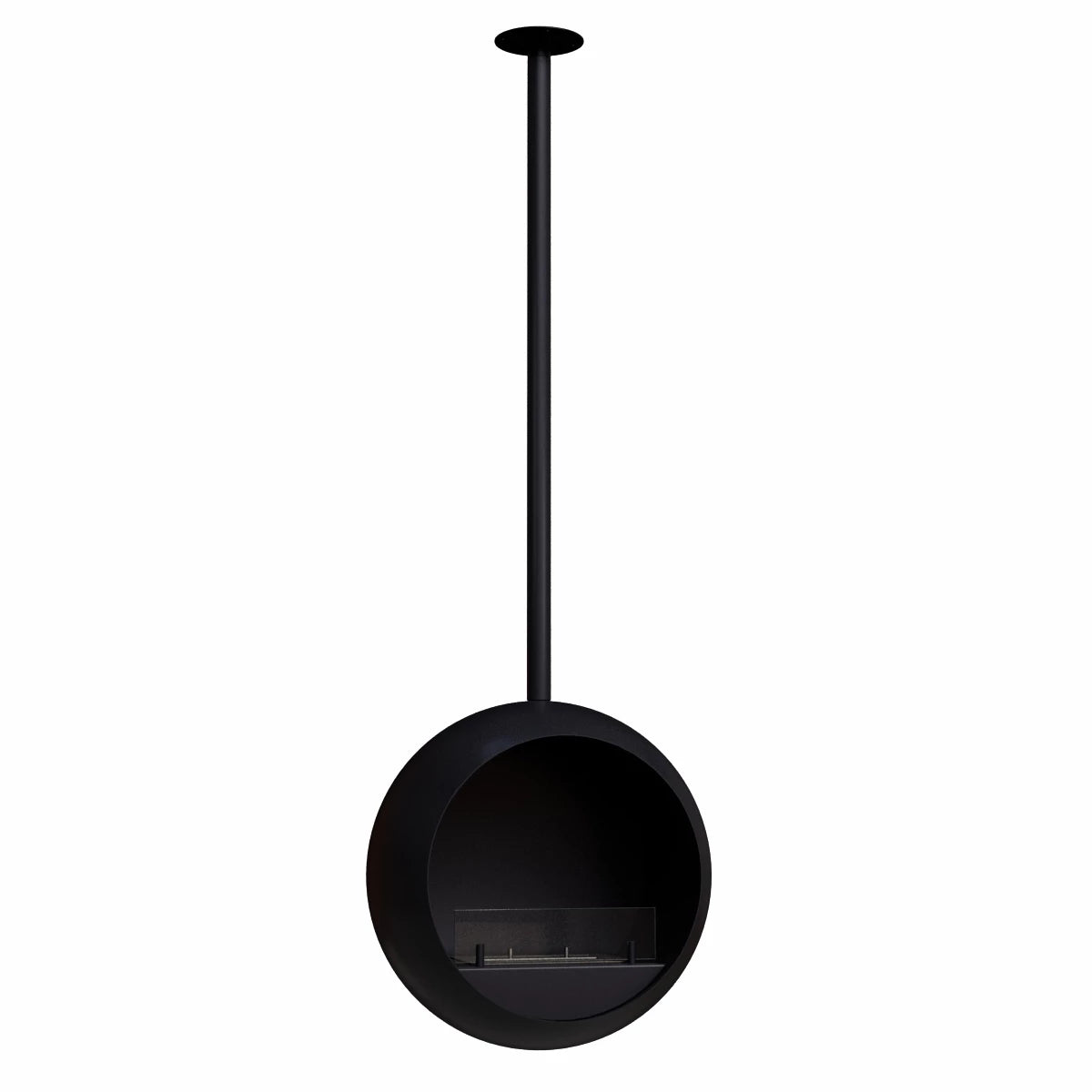 Edmonton suspended bioethanol fireplace showcasing a round black design hanging from the ceiling with a visible burner.