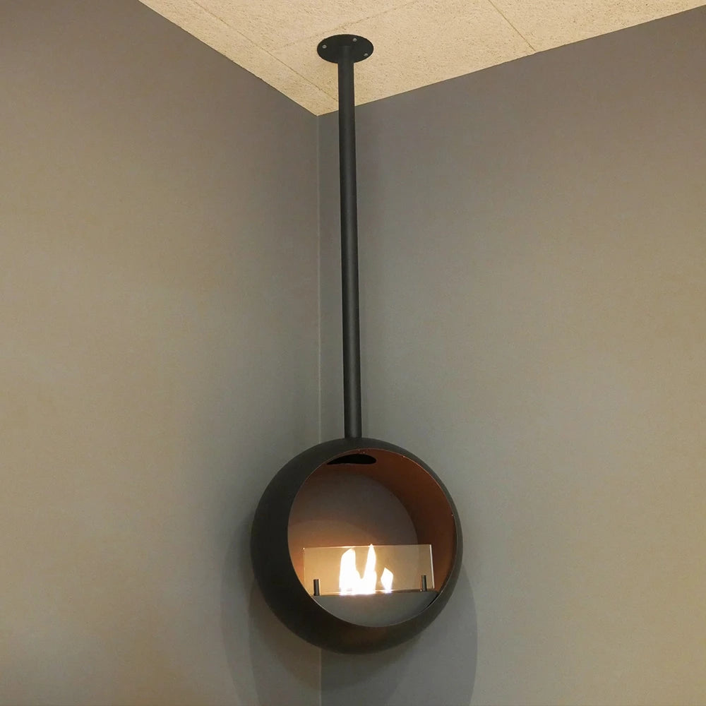 Edmonton round suspended bioethanol fireplace showcasing a beautiful flame design, ideal for modern interiors.