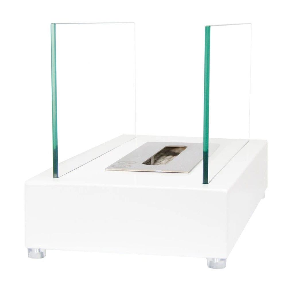 Lambeth White tabletop bioethanol fireplace with glass sides for a stylish and natural fire experience.