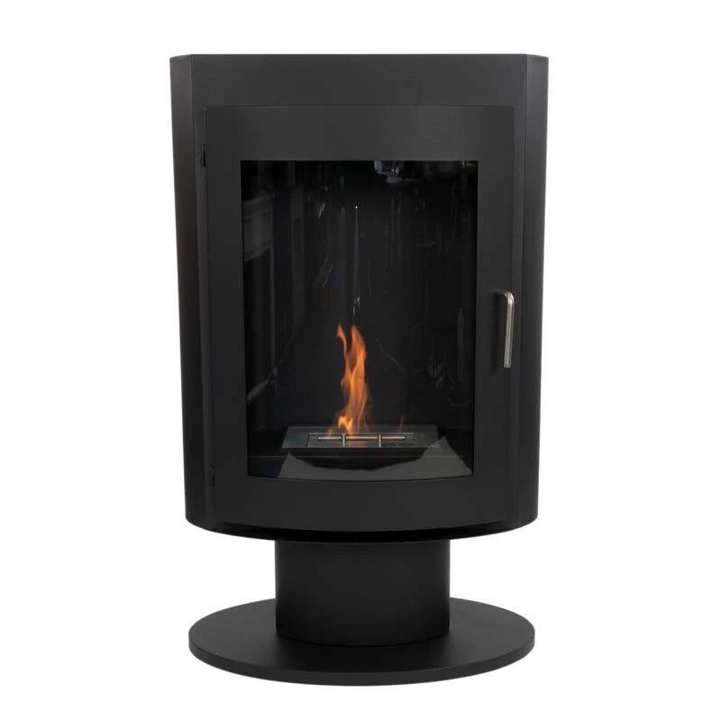 Trenton freestanding bioethanol stove in black steel, featuring a glass front and modern design with visible flames.