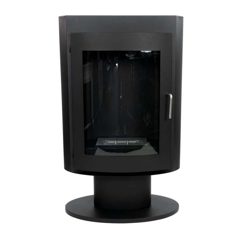 Trenton freestanding bioethanol stove with black powder coated steel design and glass front for modern interiors.