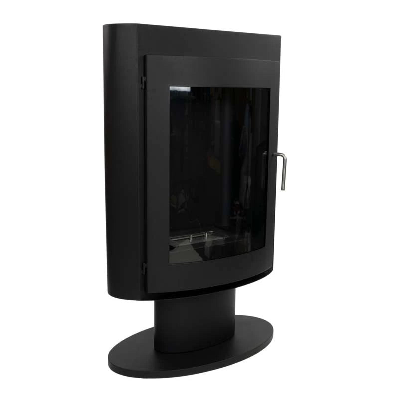 Trenton freestanding bioethanol stove in sleek black design with glass front and modern stand.