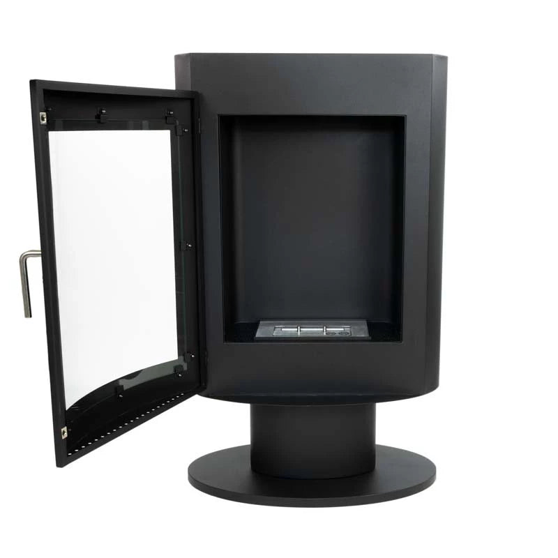 Trenton freestanding bioethanol stove in black powder-coated steel with an open front door.