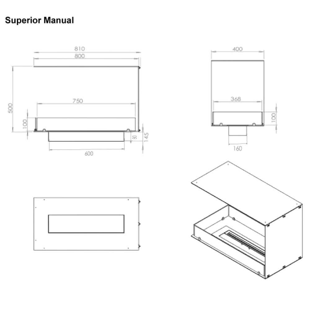 Technical drawing of the Fireplace Foco Room Divider 800, showcasing dimensions and design details.