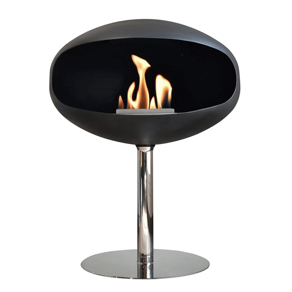 Cocoon Pedestal matte black bioethanol fireplace with steel stand, modern design and elegant flames.
