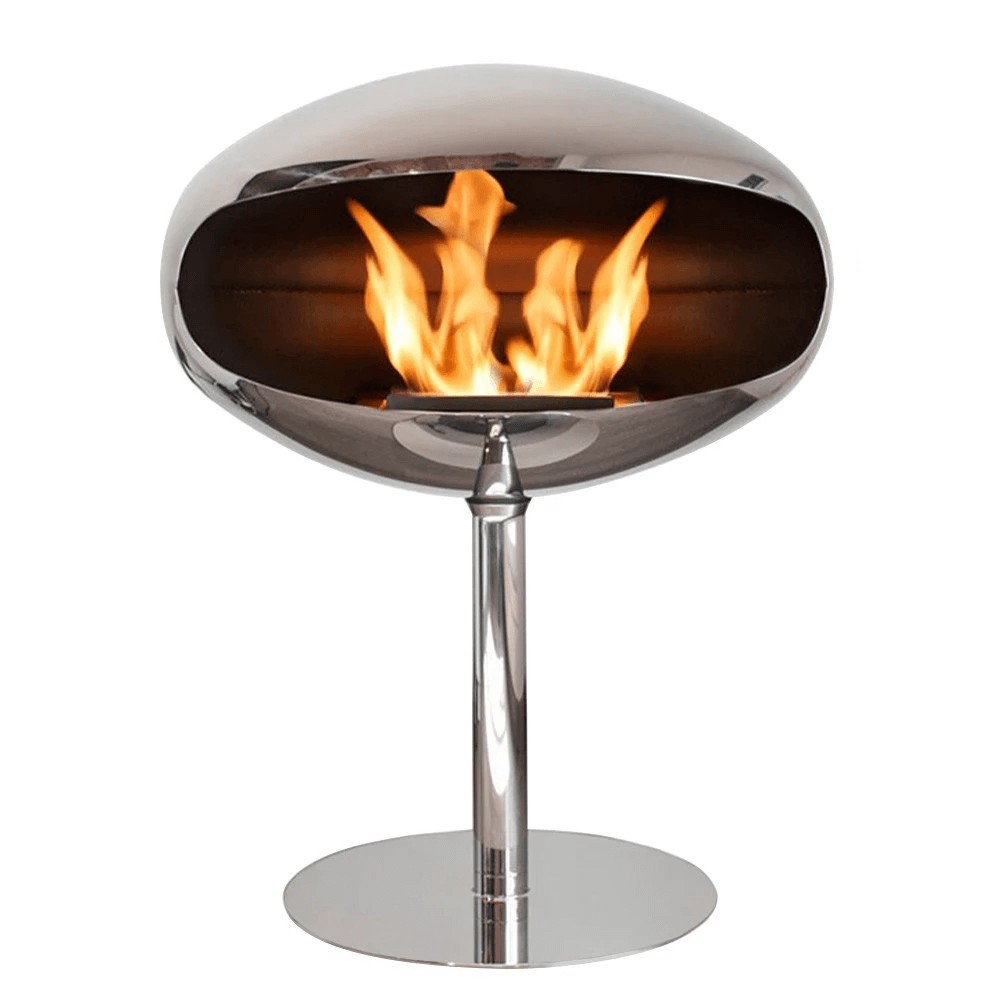 Cocoon Pedestal polished steel bioethanol fireplace with modern design and flames, perfect for stylish homes and hotels.