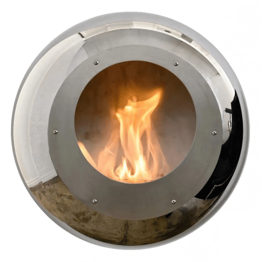 Cocoon Vellum polished steel bio fireplace featuring a stylish design with flames visible through circular glass.