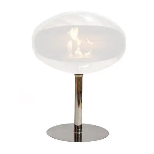 Cocoon Pedestal Base in polished steel with glass dome and flame, ideal for transforming Cocoon Aeris bio fire.