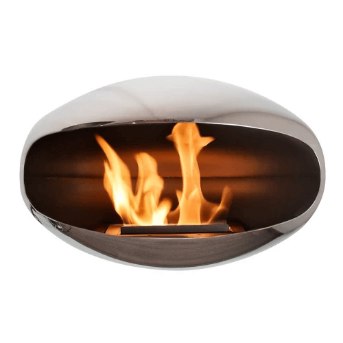 Polished steel Cocoon shell for bioethanol fireplaces, featuring flames inside, diameter 60cm, height 38cm.