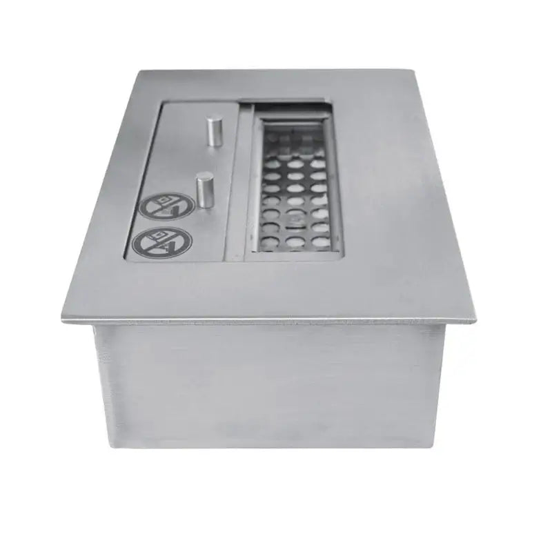 Close-up of a 1.5 litre bioethanol burner with safety features and stainless steel design.
