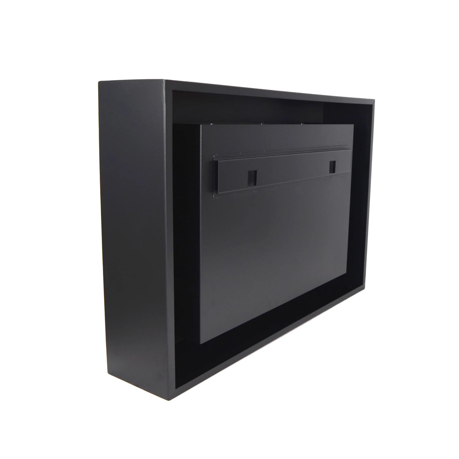 Black wall mounted bioethanol fireplace with sleek design and safety glass front for added protection.