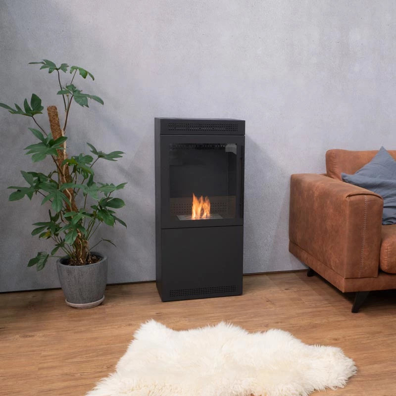 Jackson square bioethanol stove with glass front, surrounded by indoor plants and a cozy couch.