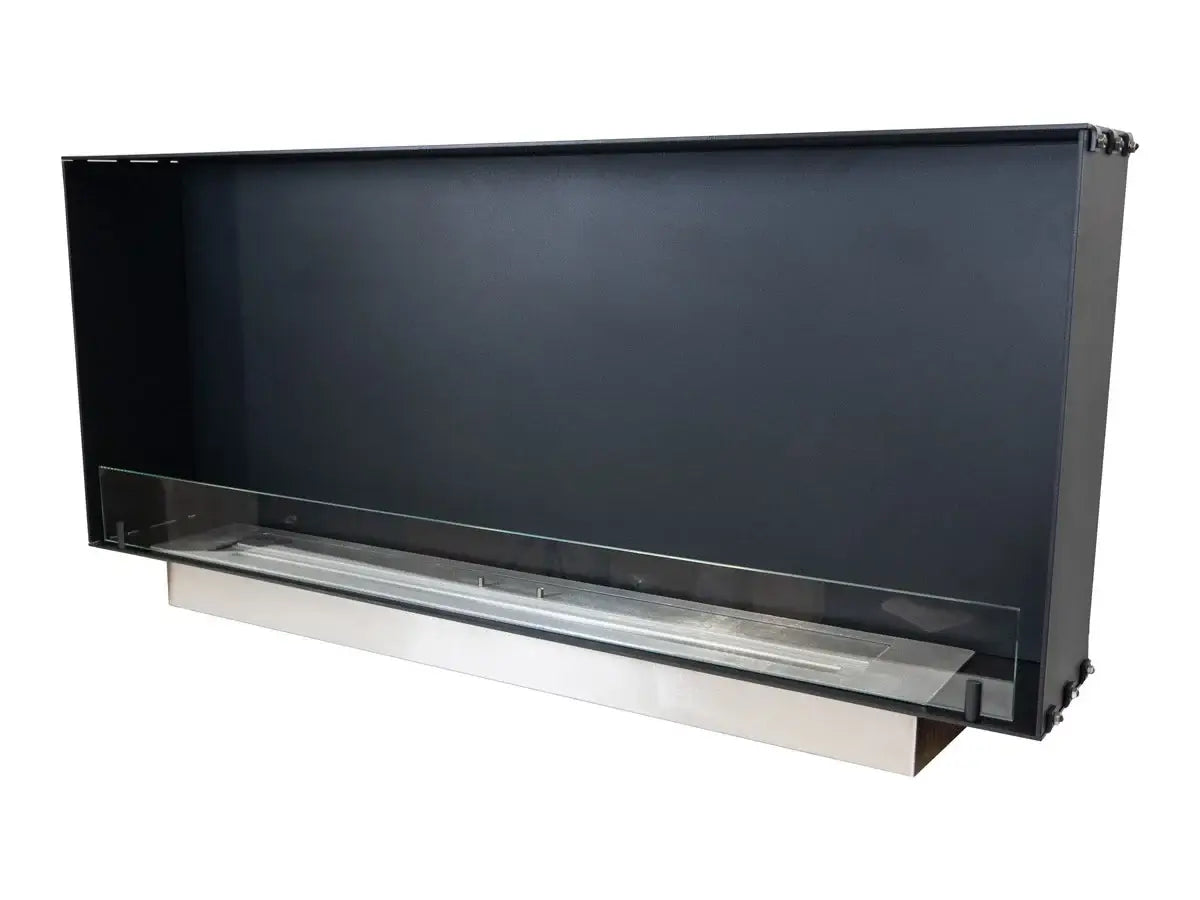 Built-in Foco One 1200 Slim bioethanol fireplace insert with glass front and stainless steel burner.