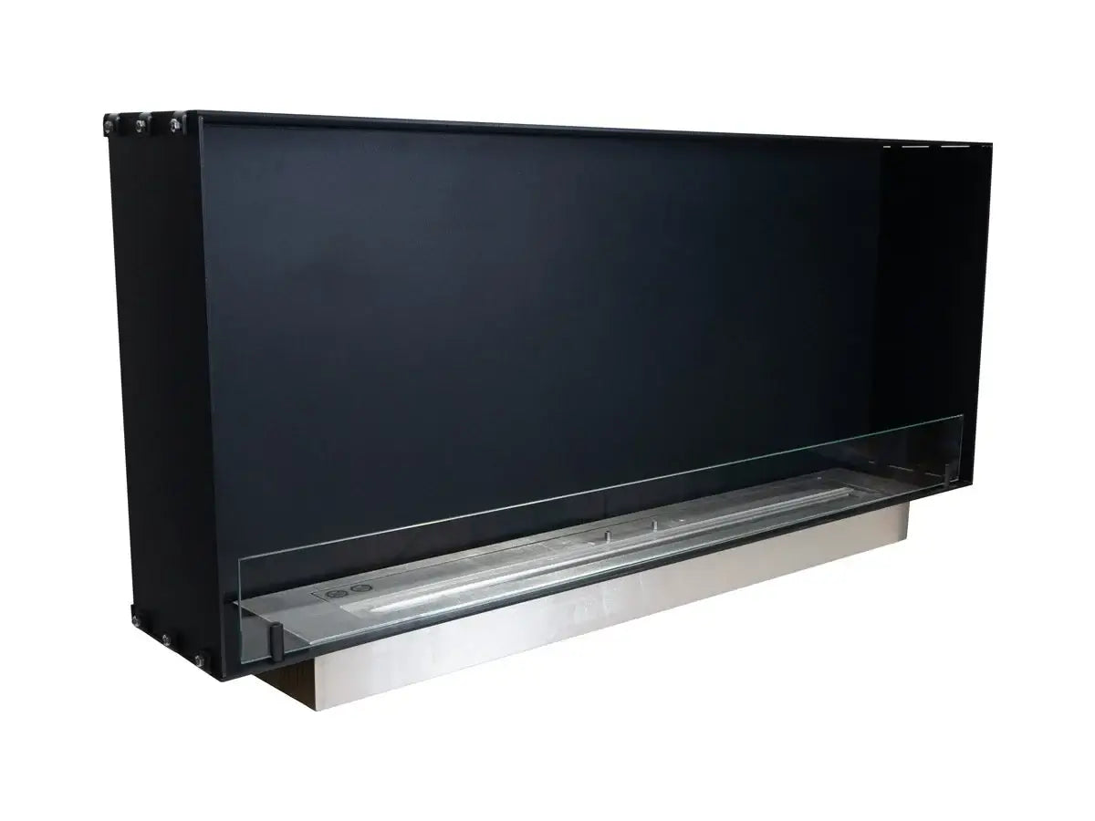 Sleek black built-in bioethanol fireplace Foco One 1200 Slim with stainless steel burner for elegant home decor.