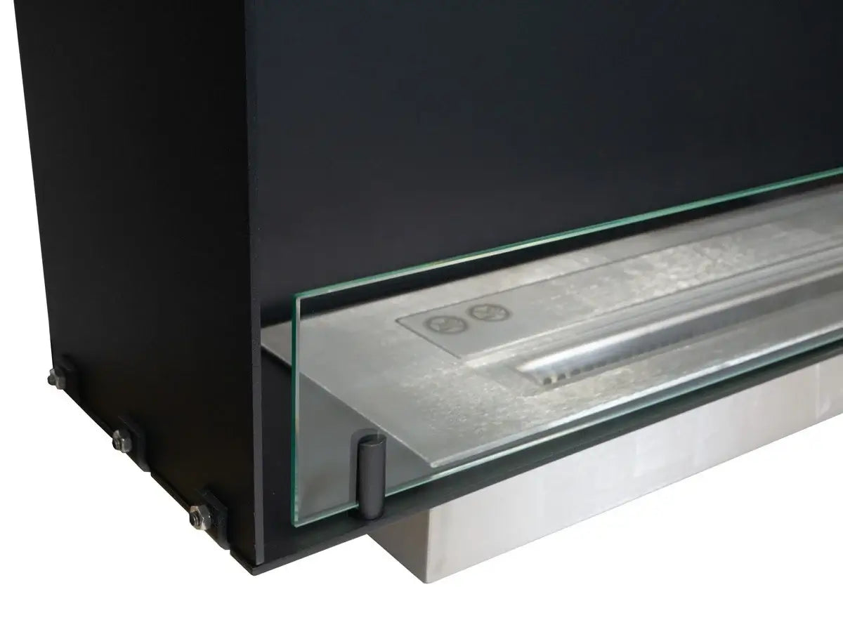 Close-up of the built-in bioethanol fireplace showing glass shield and Superior 1000 burner for stylish home heating.