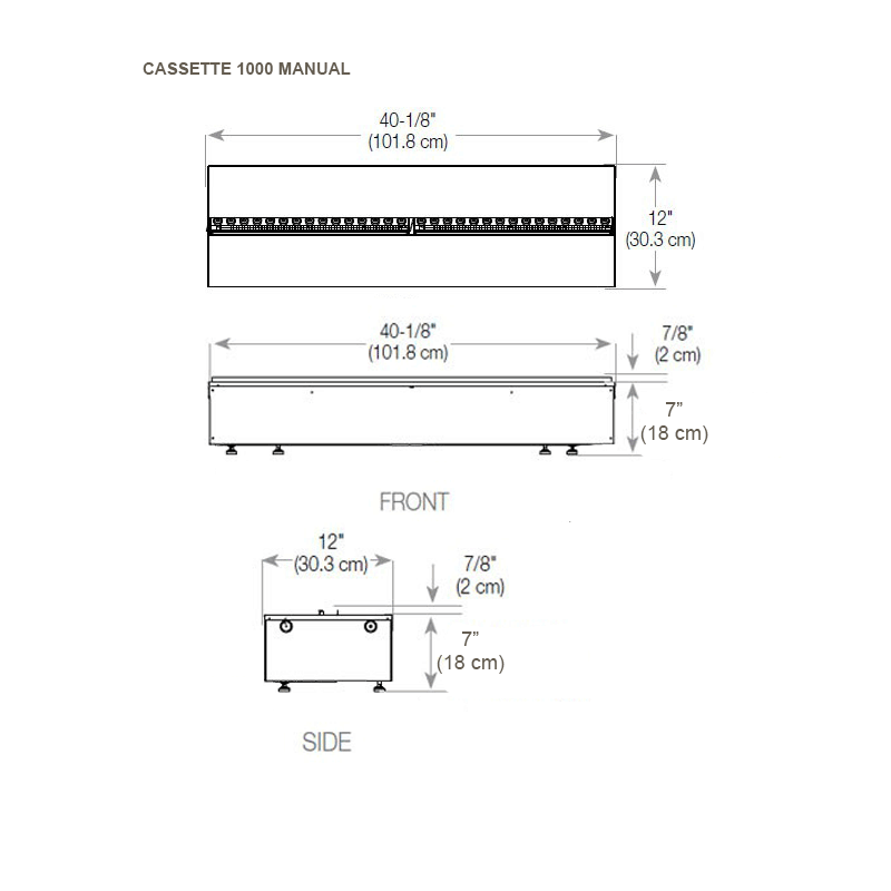 Dimensions diagram for Cassette 1000 fireplace, showing front and side views with measurements.