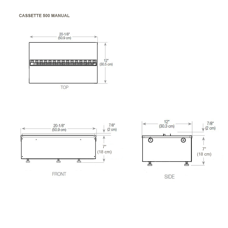 Dimensions and manual for Cassette 500 water vapour fireplace with top, front, and side views.