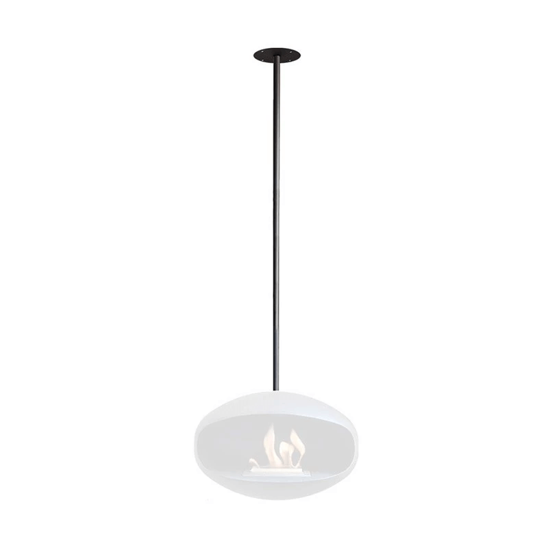 Matte black ceiling rod and bracket with white pendant for Cocoon Aeris fireplace.