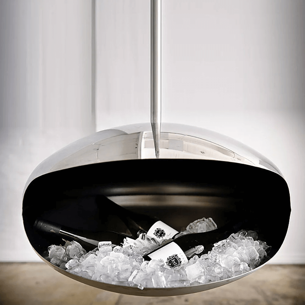 Modern polished steel hanging wine cooler with bottles and ice, ideal for stylish entertaining.