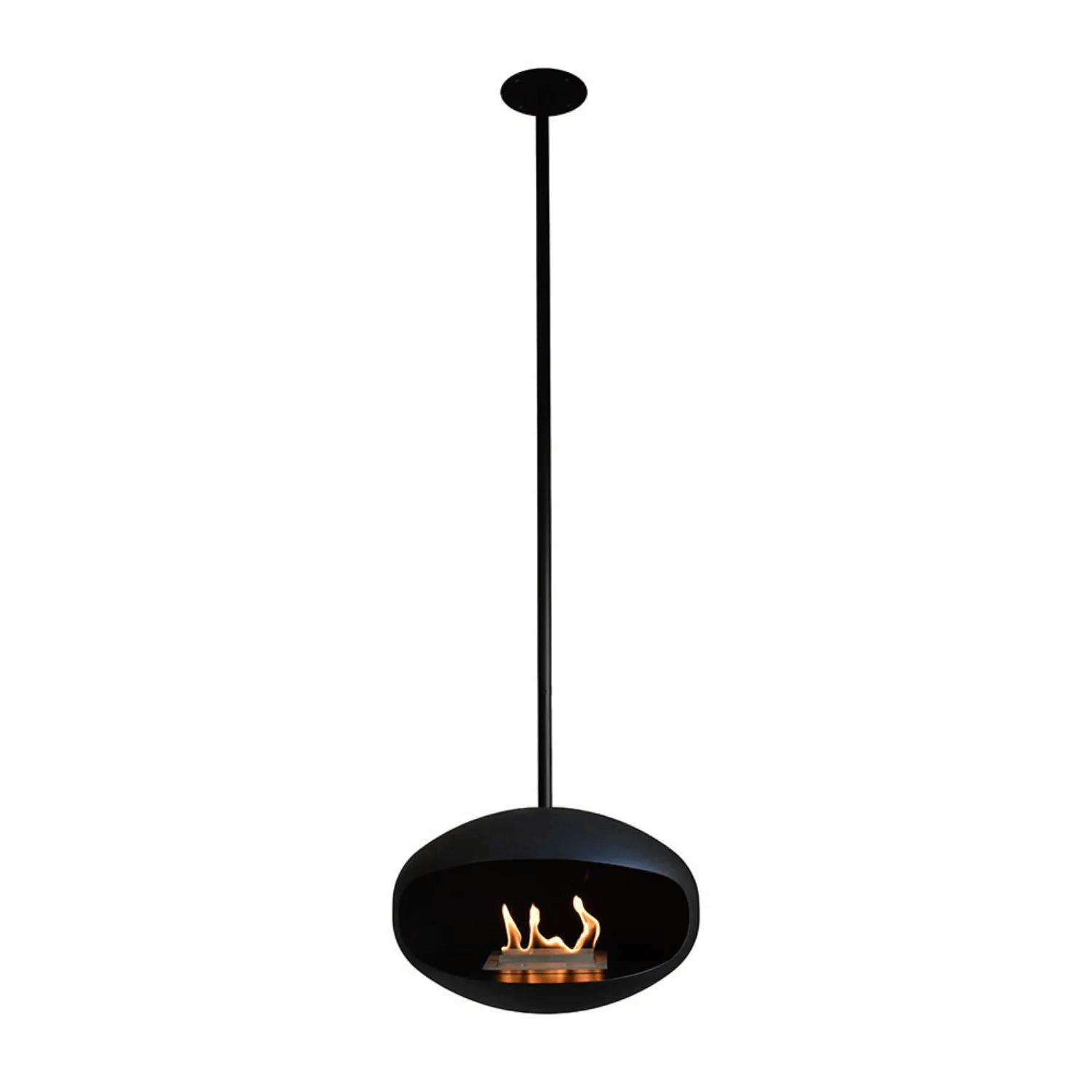 Cocoon Aeris matte black bioethanol fireplace, modern ceiling-mounted design with elegant flames.