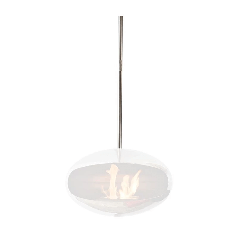 Ceiling mounted Cocoon Fires bio fireplace with adjustable pole and elegant design.
